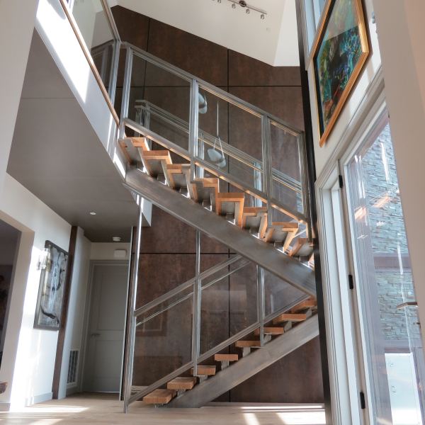 Stainless Steel Stairs — Mill finish stainless steel stair stringer and guard rail