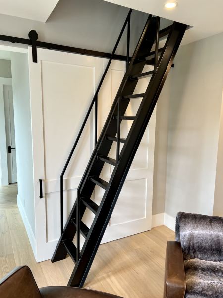 Access Ladder — Custom-fabricated access ladder designed for durability and safety, featuring: 6” x 2” x .188” rectangle tube legs with pipe hand-grip attached 5” x 2” x .120” rectangle tube treads, 26” wide Standard 1-1/4” pipe hand-grip M...